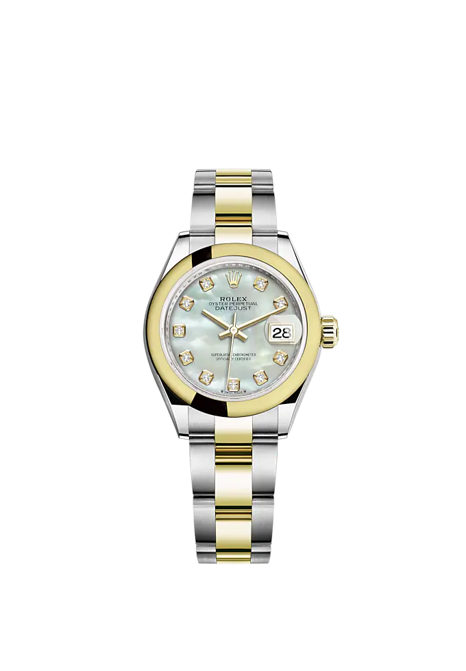 Lady-DateJust 28mm Oyster Oystersteel Bracelet and Yellow Gold with White Mother-of-Pearl Diamond-Set Dial Domed Bezel