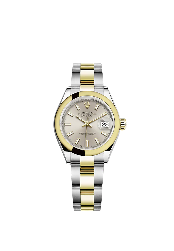 Lady-DateJust 28mm Oyster Oystersteel Bracelet and Yellow Gold with Silver Dial Domed Bezel