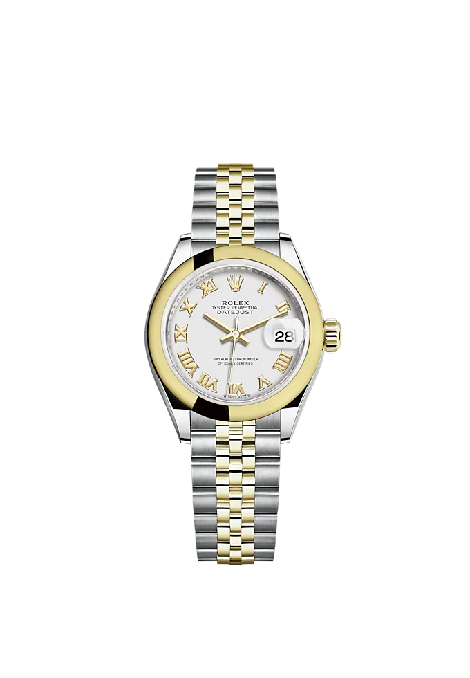 Lady-DateJust 28mm Jubilee Oystersteel Bracelet and Yellow Gold with White Dial and Domed Bezel