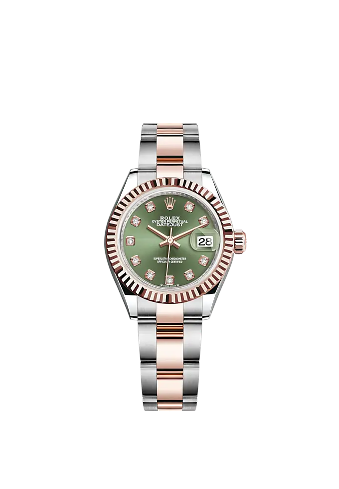 Lady-DateJust 28mm Oyster Oystersteel Bracelet and Everose Gold with Olive-Green Dial Diamond-Set Dial and Fluted Bezel
