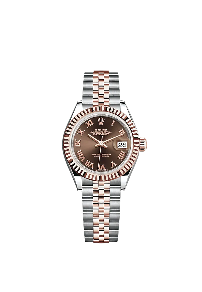 Lady-DateJust 28mm Oystersteel Jubilee Bracelet and Everose Gold with Chocolate Dial and Fluted Bezel