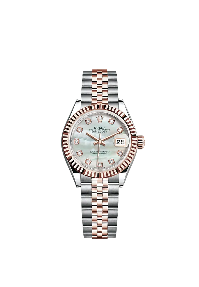 Lady-DateJust 28mm Oystersteel Jubilee Bracelet and Everose Gold with White Mother-of-Pearl Dial Diamond-Set Dial Fluted Bezel