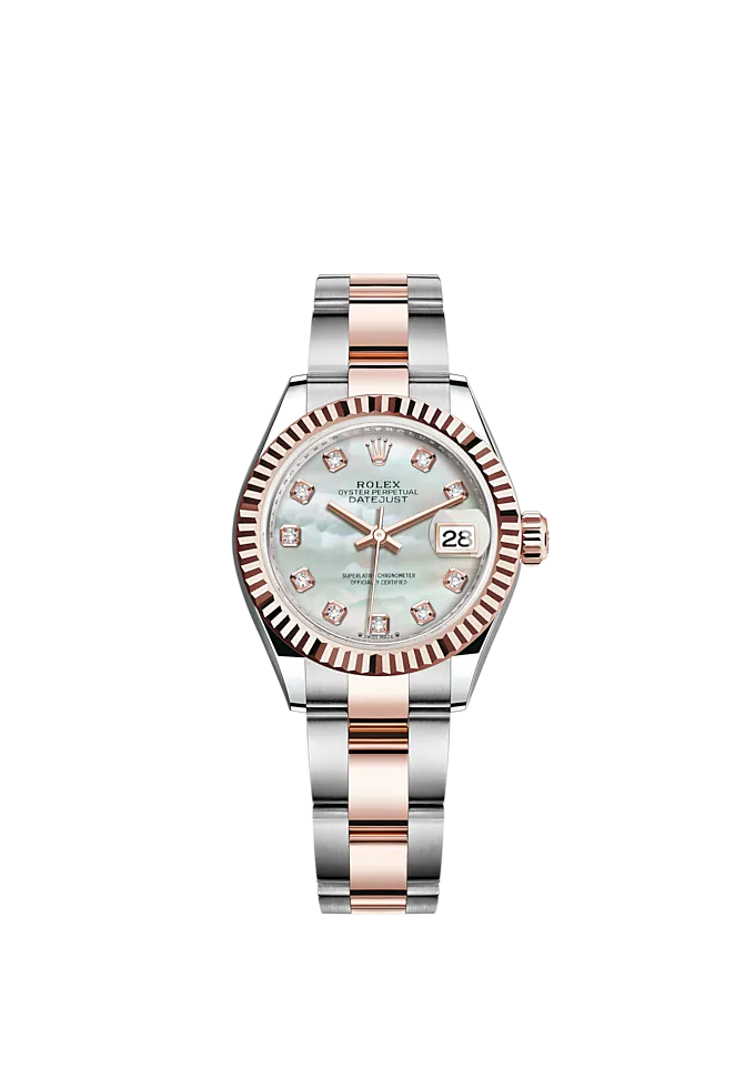 Lady-DateJust 28mm Oyster Oystersteel Bracelet and Everose Gold with White Mother-of-Pearl Dial Diamond-Set Dial Fluted Bezel