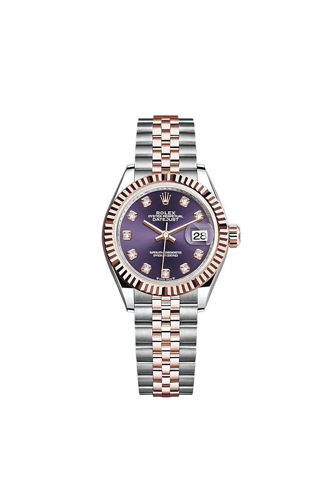 Lady-DateJust 28mm Oystersteel Jubilee Bracelet and Everose Gold with Aubergine Dial Diamond-Set Dial and Fluted Bezel