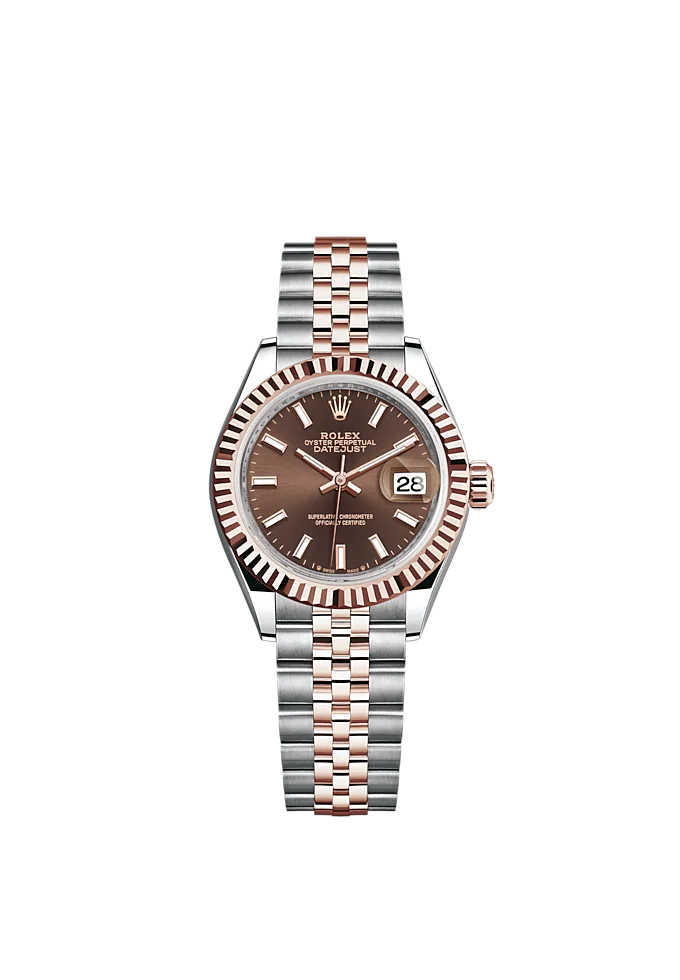 Lady-DateJust 28mm Oystersteel Jubilee Bracelet and Everose Gold with Chocolate Dial Fluted Bezel