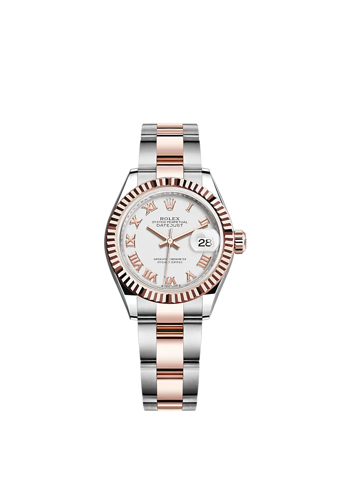 Lady-DateJust 28mm Oyster Oystersteel Bracelet and Everose Gold with White Dial and Fluted Bezel