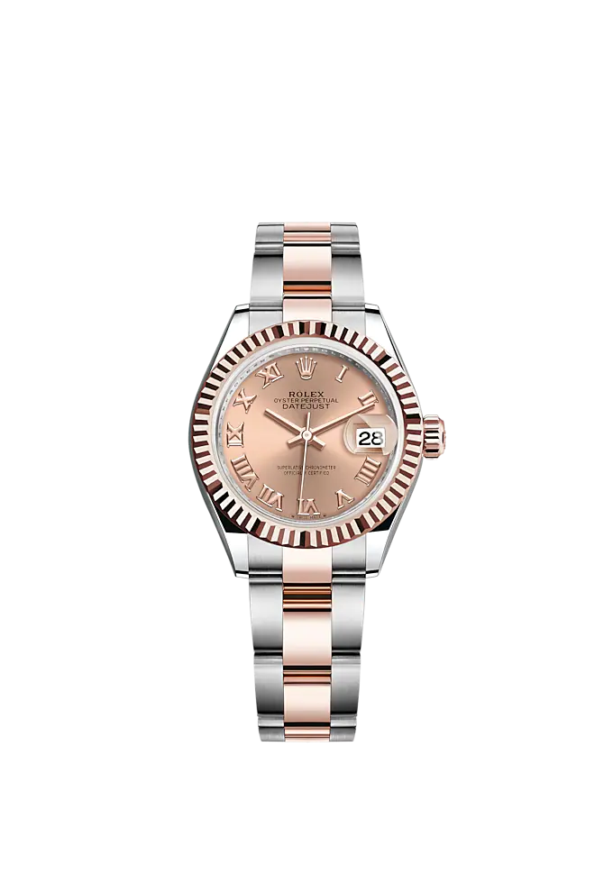 Lady-DateJust 28mm Oyster Oystersteel Bracelet and Everose Gold with Rosé-Colour Roman Dial Fluted Bezel