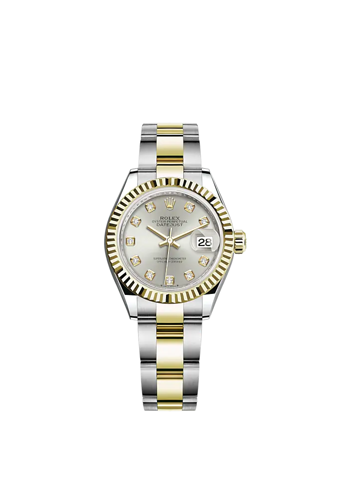 Lady-DateJust 28mm Oyster Oystersteel Bracelet and Yellow Gold with Silver Dial Diamond-Set Dial and Fluted Bezel