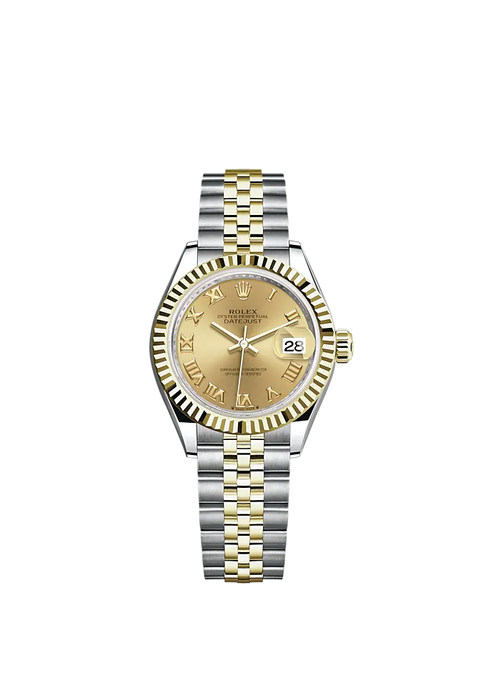 Lady-DateJust 28mm Oystersteel Jubilee Bracelet and Yellow Gold with Champagne-Colour Dial Fluted Bezel