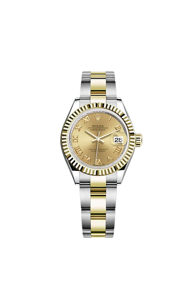 Lady-DateJust 28mm Oyster Oystersteel Bracelet and Yellow Gold with Champagne-Colour Dial Fluted Bezel