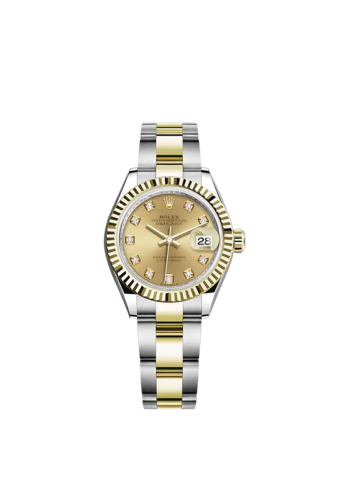 Lady-DateJust 28mm Oyster Oystersteel Bracelet and Yellow Gold with Champagne-Colour Dial Diamond-Set Dial and Fluted Bezel