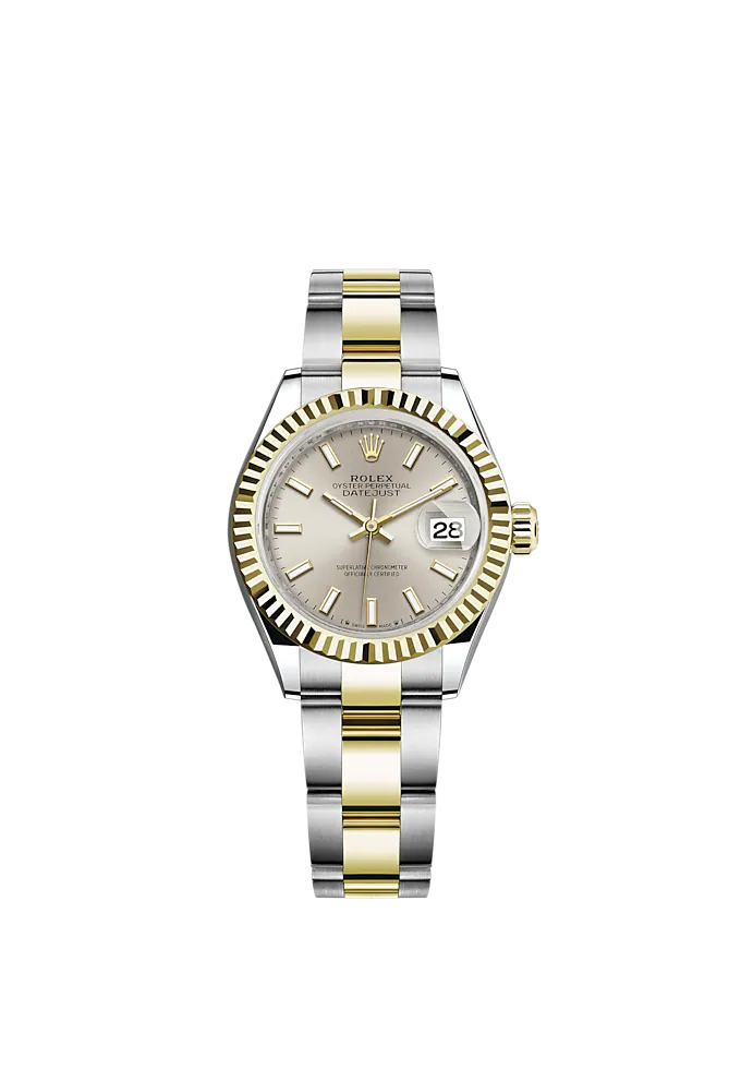 Lady-DateJust 28mm Oyster Oystersteel Bracelet and Yellow Gold with Silver Dial and Fluted Bezel