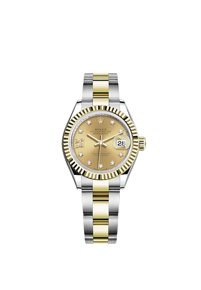 Lady-DateJust 28mm Oyster Oystersteel Bracelet and Yellow Gold with Champagne-Colour Dial Diamond-Set Dial Fluted Bezel