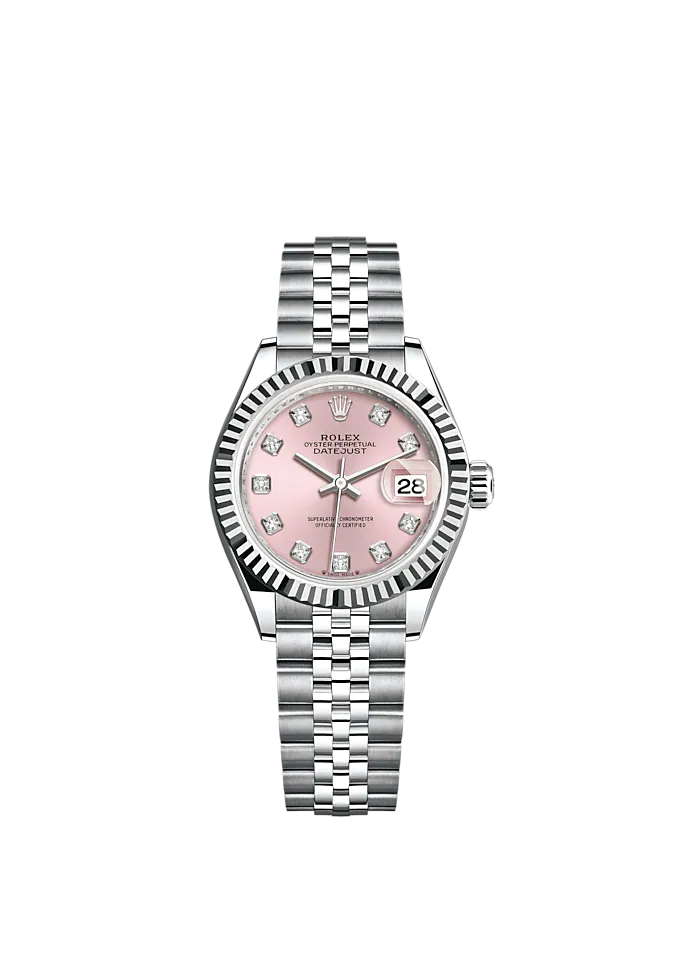 Lady-DateJust 28mm Oystersteel Jubilee Bracelet and Pink Dial Diamond-Set Dial and Fluted Bezel