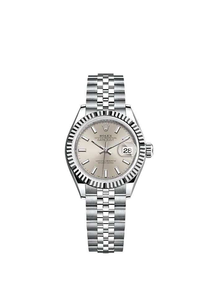 Lady-DateJust 28mm Oystersteel Jubilee Bracelet and White Gold with Silver Dial Fluted Bezel