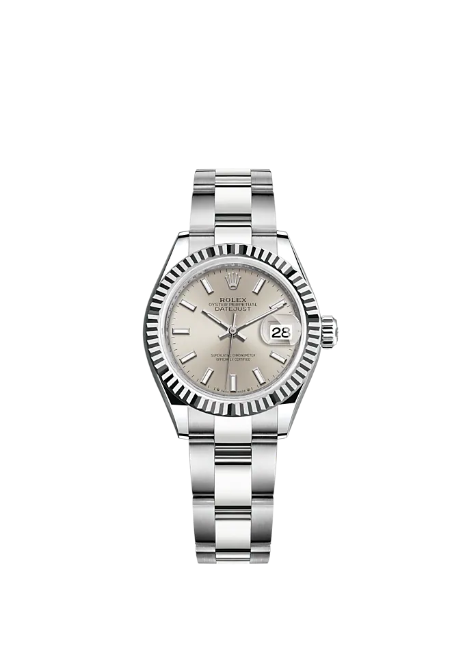 Lady-DateJust 28mm Oyster Oystersteel Bracelet and White Gold with Silver Dial and Fluted Bezel