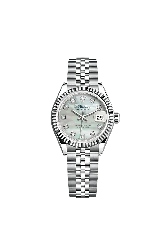 Lady-DateJust 28mm Oystersteel Jubilee Bracelet and White Gold with White Mother-of-Pearl Dial Diamond-Set Dial Fluted Bezel