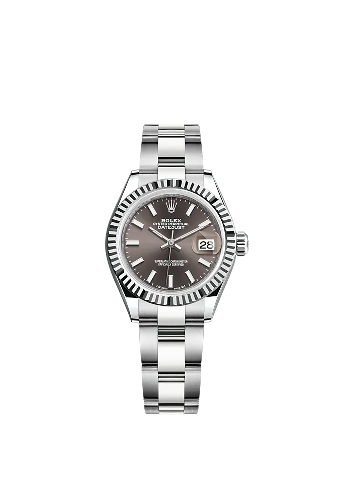 Lady-DateJust 28mm Oyster Oystersteel Bracelet and White Gold with Dark Grey Dial and Fluted Bezel