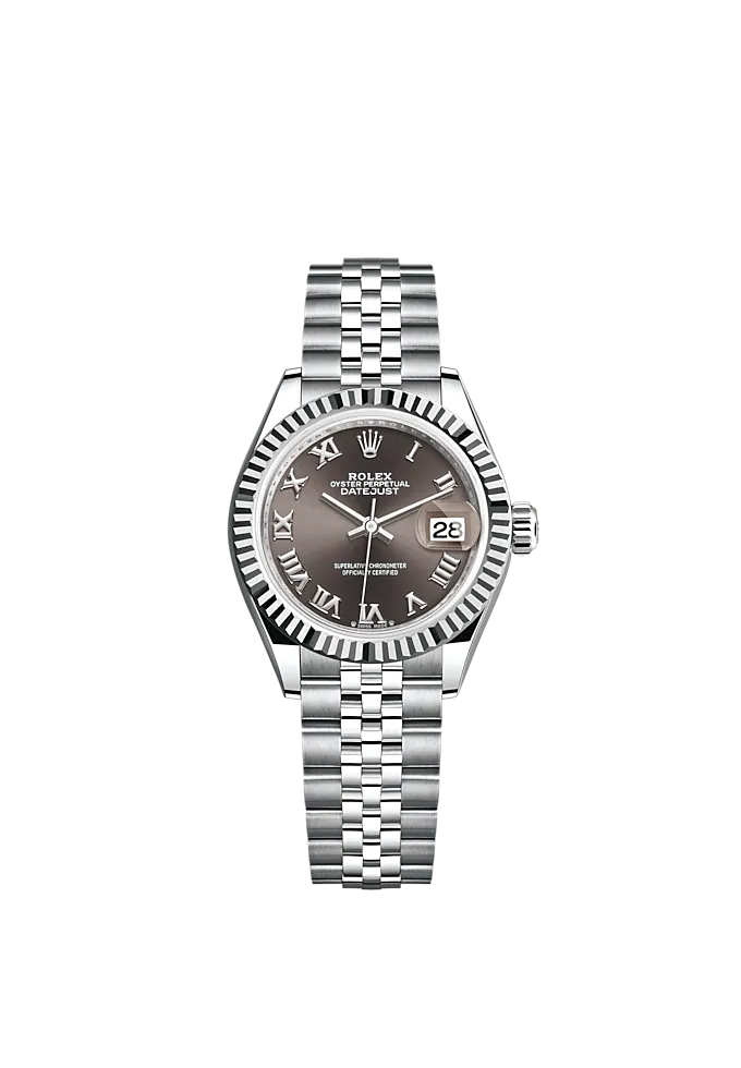 Lady-DateJust 28mm Oystersteel Jubilee Bracelet and White Gold with Dark Grey Dial Fluted Bezel