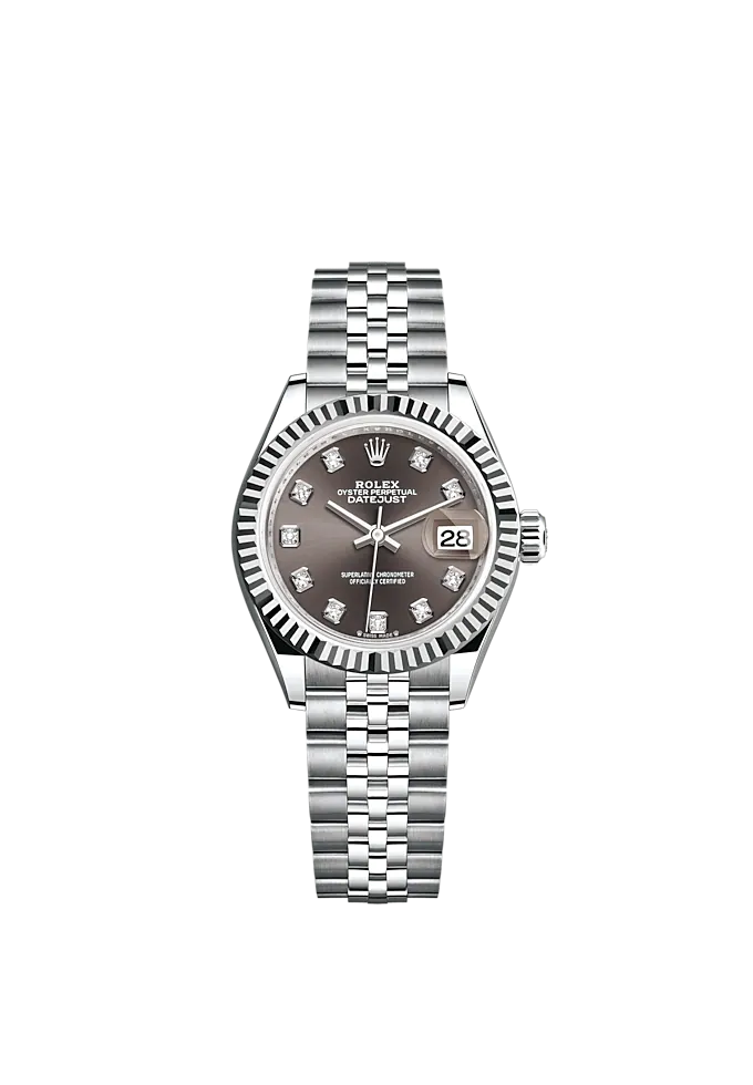 Lady-DateJust 28mm Oystersteel Jubilee Bracelet and White Gold with Dark Grey Dial and Fluted Bezel