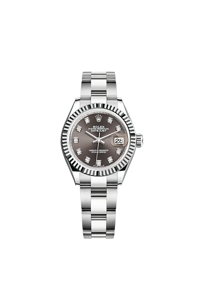 Lady-DateJust 28mm Oyster Oystersteel Bracelet and White Gold with Dark Grey Dial Diamond-Set Dial and Fluted Bezel