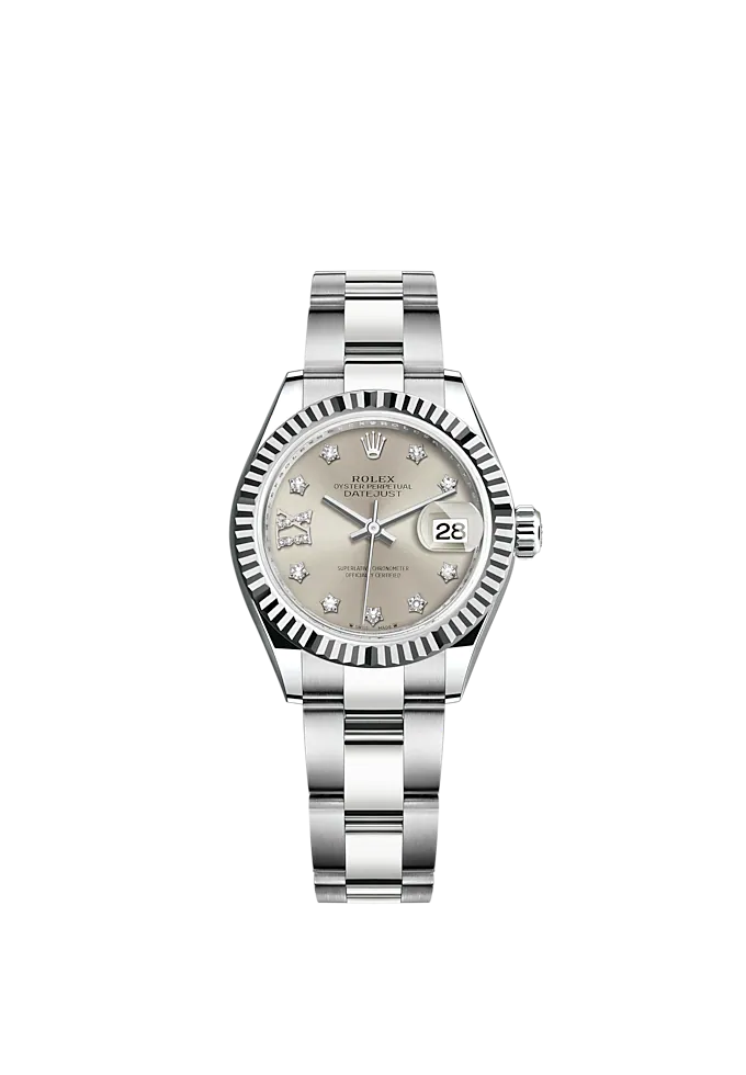 Lady-DateJust 28mm Oyster Oystersteel Bracelet and White Gold with Silver Dial Diamond-Set Dial Fluted Bezel