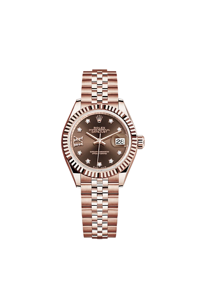 Lady-DateJust 28mm Jubilee Bracelet and 18 KT Everose Gold with Chocolate Dial Diamond-Set Dial Fluted Bezel