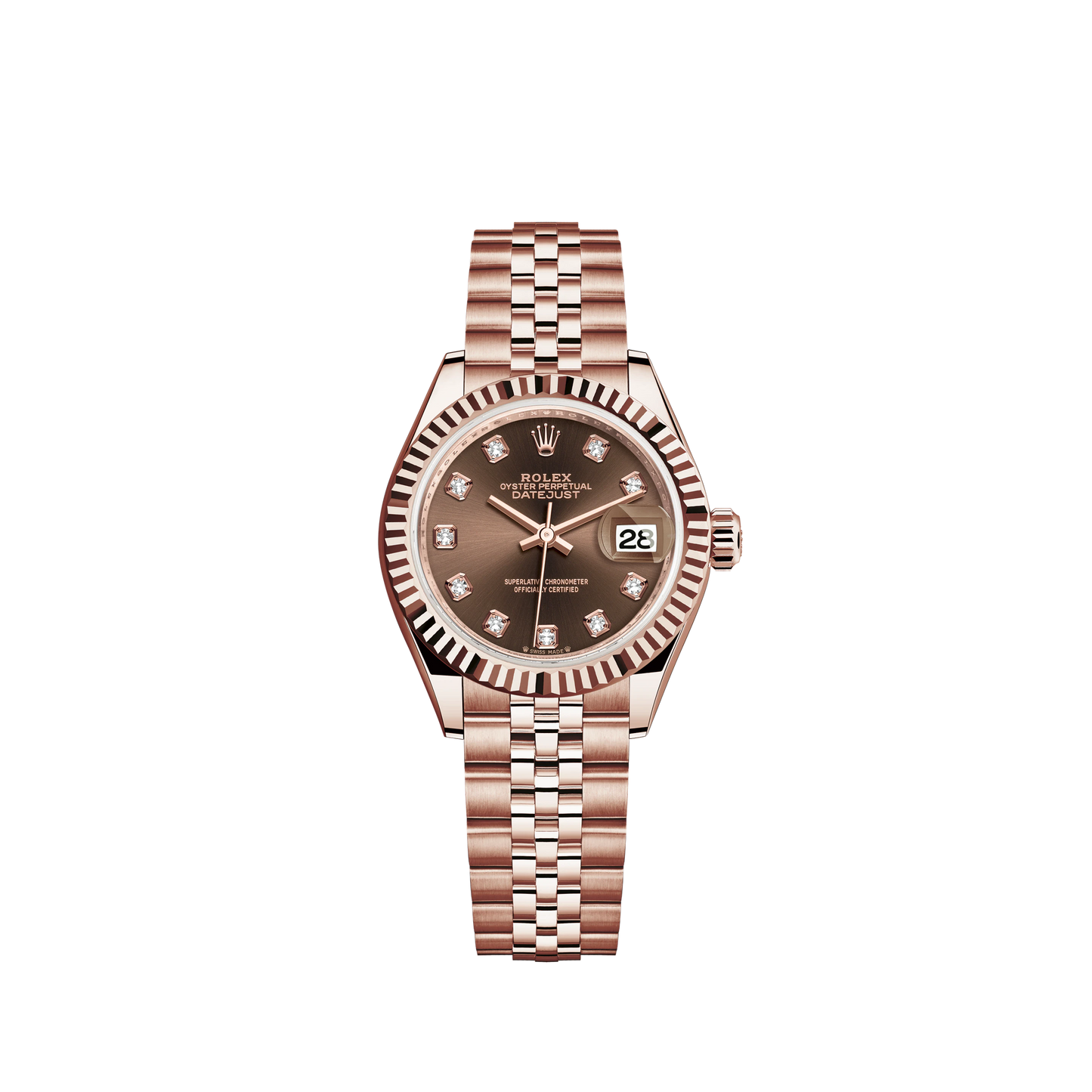 Lady-DateJust 28mm Jubilee Bracelet and 18 KT Everose Gold with Chocolate Dial Diamond-Set Dial and Fluted Bezel