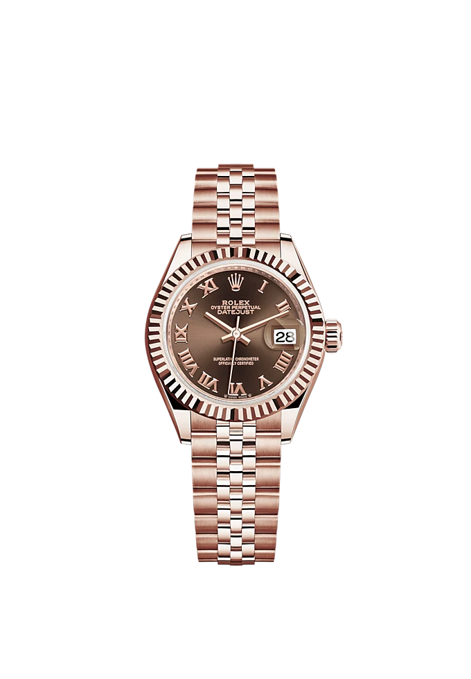 Lady-DateJust 28mm Jubilee Bracelet and 18 KT Everose Gold with Chocolate Dial Fluted Bezel