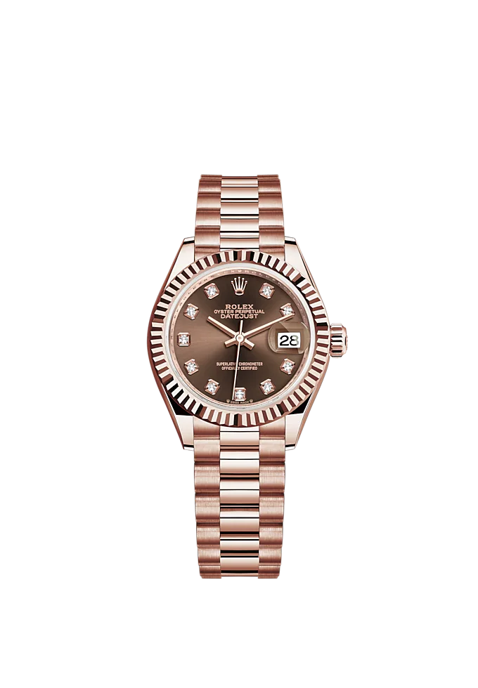 Lady-DateJust 28mm President Bracelet and 18 KT Everose Gold with Chocolate Dial Diamond-Set Dial Fluted Bezel