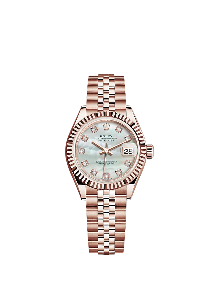 Lady-DateJust 28mm Jubilee Bracelet and 18 KT Everose Gold with White Mother-of-Pearl Diamond-Set Dial Fluted Bezel