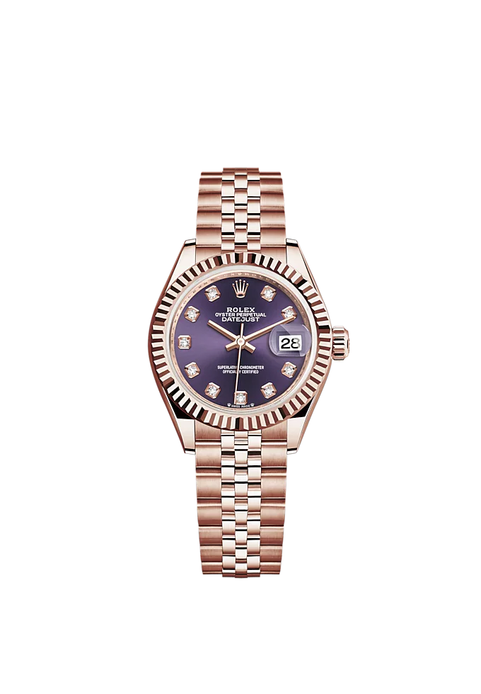 Lady-DateJust 28mm Jubilee Bracelet and 18 KT Everose Gold with Aubergine Dial Diamond-Set Dial Fluted Bezel
