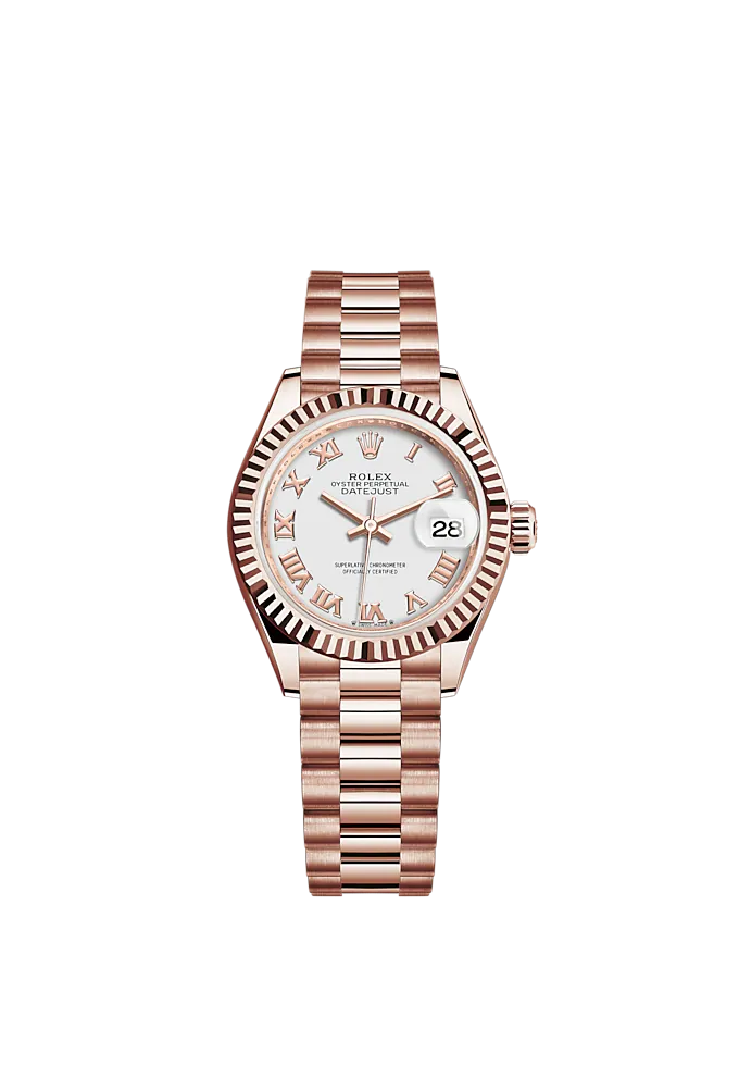Lady-DateJust 28mm President Bracelet and 18 KT Everose Gold with White Dial Fluted Bezel