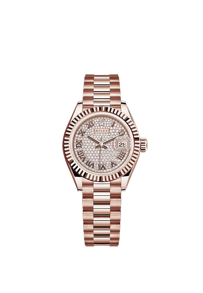 Lady-DateJust 28mm President Bracelet and 18 KT Everose Gold with Diamond-Paved Dial Fluted Bezel