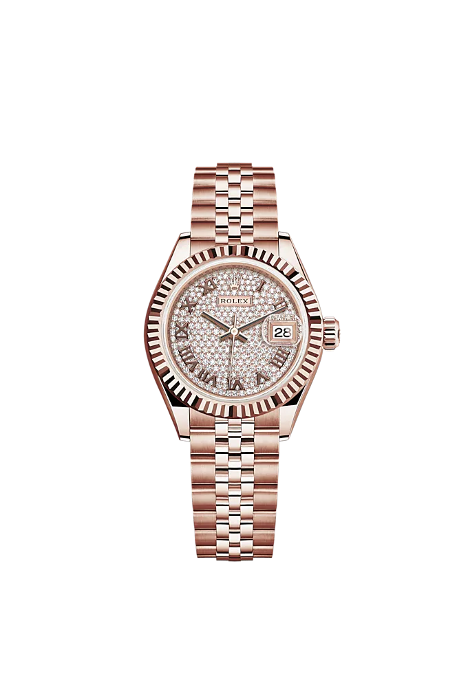 Lady-DateJust 28mm Jubilee Bracelet and 18 KT Everose Gold with Diamond-Paved Dial Fluted Bezel