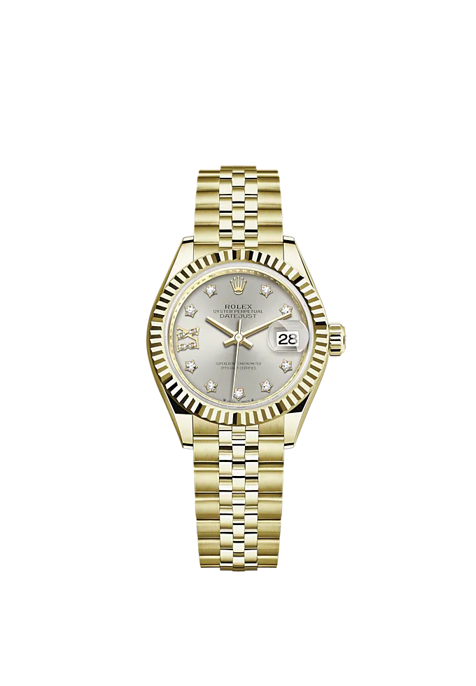 Lady-DateJust 28mm Jubilee Bracelet and 18 KT Yellow Gold with Silver Dial Diamond-Set Dial Fluted Bezel