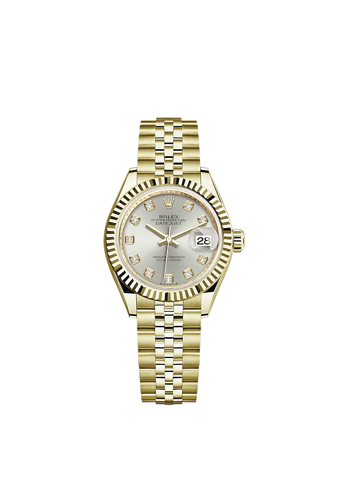 Lady-DateJust 28mm Jubilee Bracelet and 18 KT Yellow Gold with Silver Dial Diamond-Set Dial Fluted Bezel