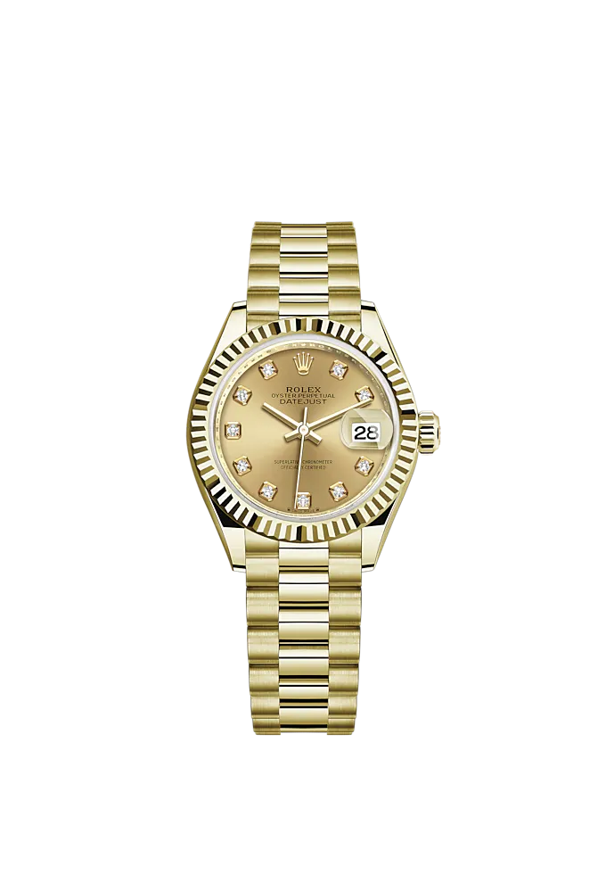 Lady-DateJust 28mm President Bracelet and 18 KT Yellow Gold with Champagne-Colour Dial Diamond-Set Dial and Fluted Bezel