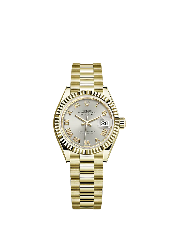 Lady-DateJust 28mm President Bracelet and 18 KT Yellow Gold with Silver Roman Dial Fluted Bezel