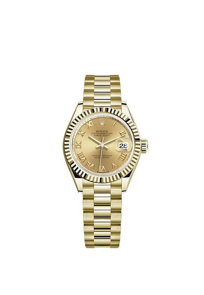 Lady-DateJust 28mm President Bracelet and 18 KT Yellow Gold with Champagne-Colour Dial Fluted Bezel