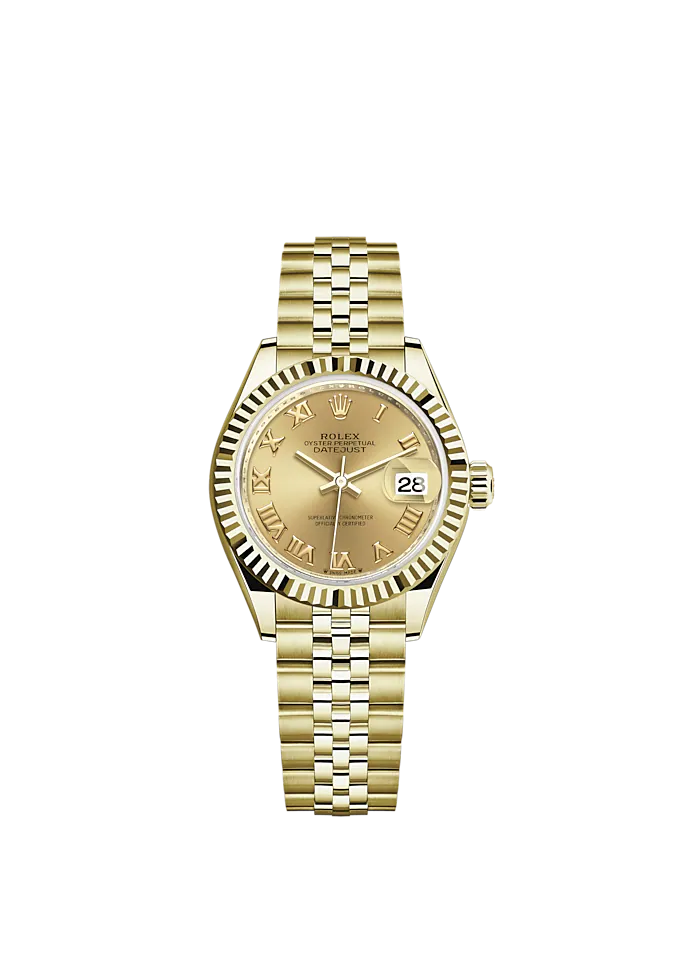 Lady-DateJust 28mm Jubilee Bracelet and 18 KT Yellow Gold with Champagne-Colour Dial Fluted Bezel