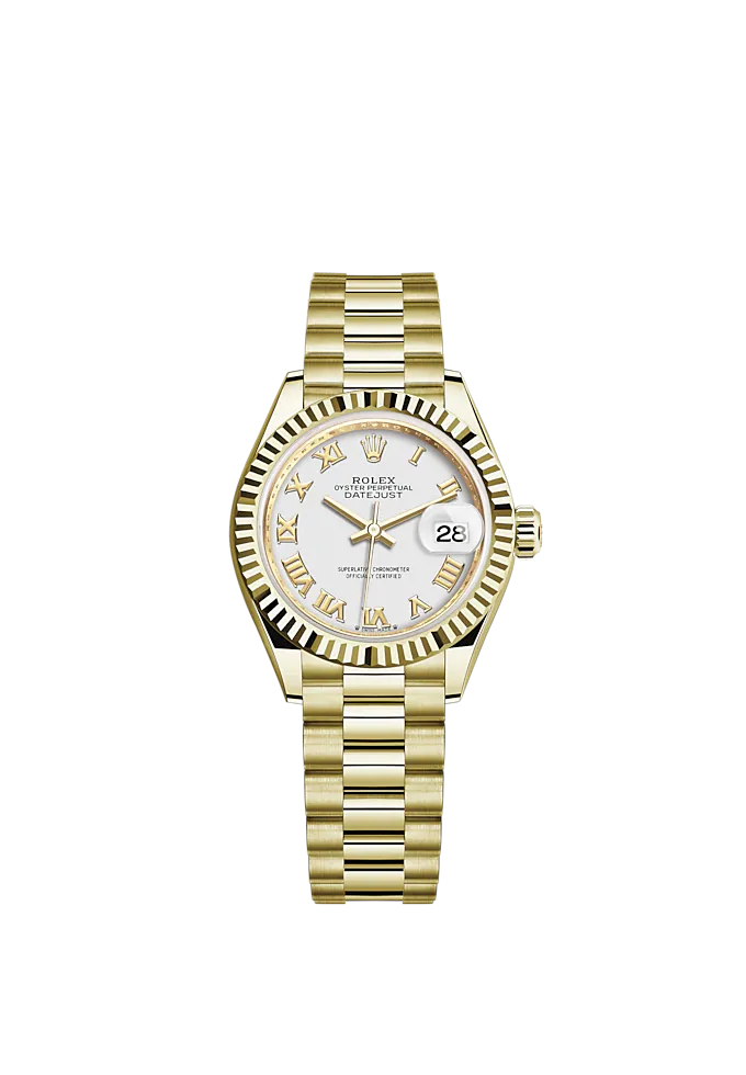 Lady-DateJust 28mm President Bracelet and 18 KT Yellow Gold with White Dial Fluted Bezel