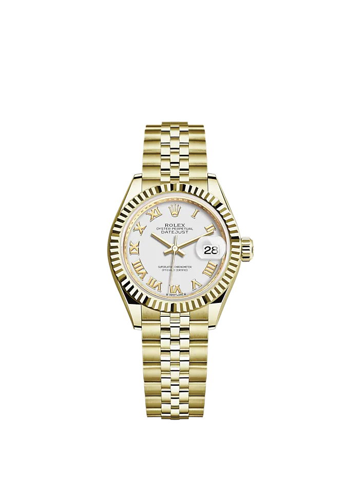 Lady-DateJust 28mm Jubilee Bracelet and 18 KT Yellow Gold with White Dial and Fluted Bezel