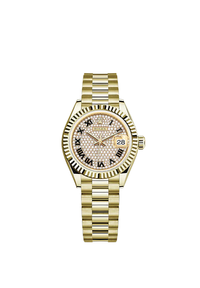 Lady-DateJust 28mm President Bracelet and 18 KT Yellow Gold with Diamond-Paved Dial Fluted Bezel