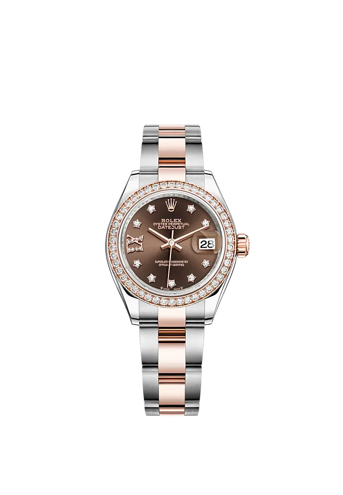 Lady-DateJust 28mm Oyster Oystersteel Bracelet and Everose Gold with Chocolate Dial Diamond-Set Dial and Diamond-Set Bezel