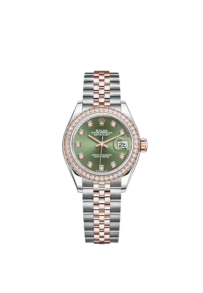 Lady-DateJust 28mm Oystersteel Jubilee Bracelet and Everose Gold with Olive-Green Dial Diamond-Set Dial Diamond-Set Bezel