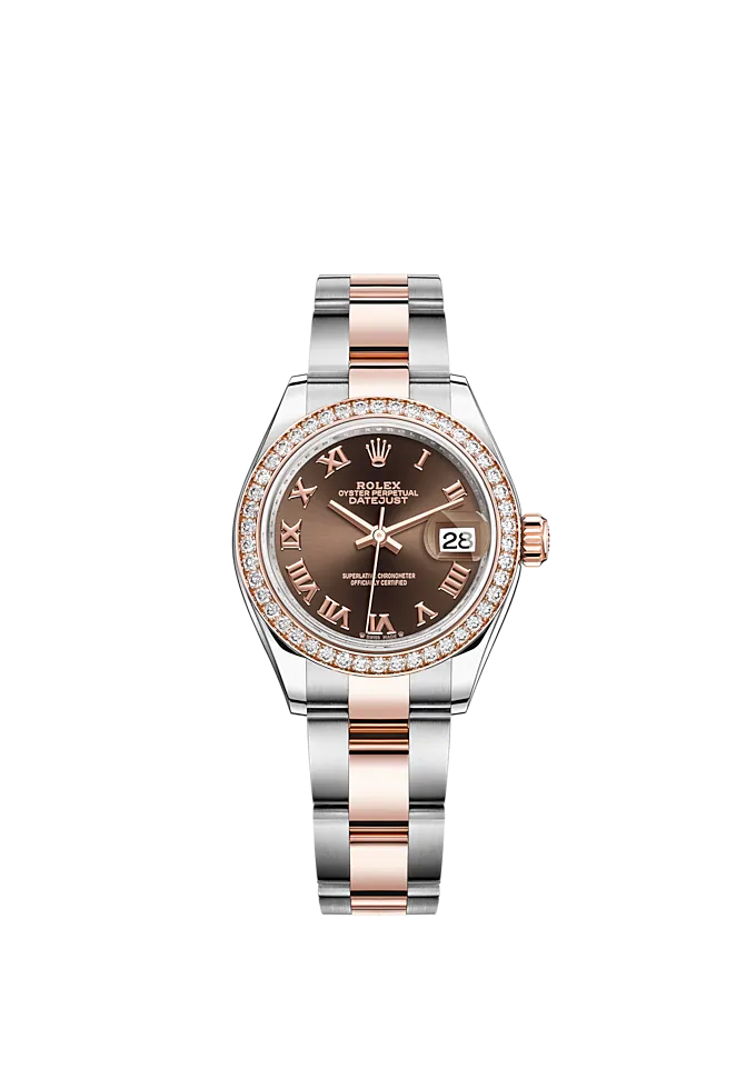 Lady-DateJust 28mm Oyster Oystersteel Bracelet and Everose Gold with Chocolate Dial and Diamond-Set Bezel