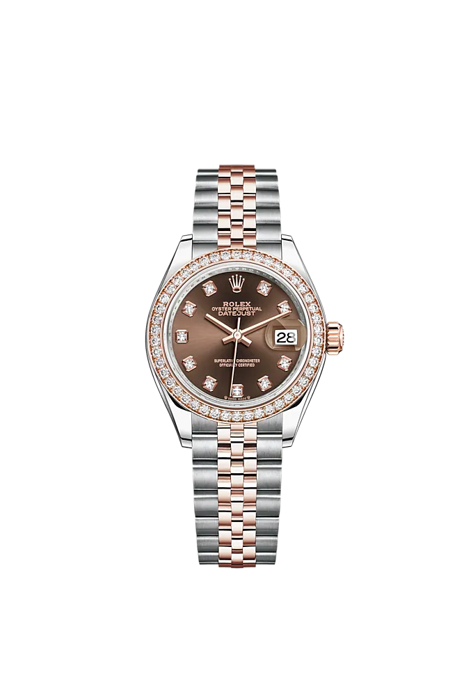 Lady-DateJust 28mm Oystersteel Jubilee Bracelet and Everose Gold with Chocolate Dial Diamond-Set Dial and Diamond-Set Bezel