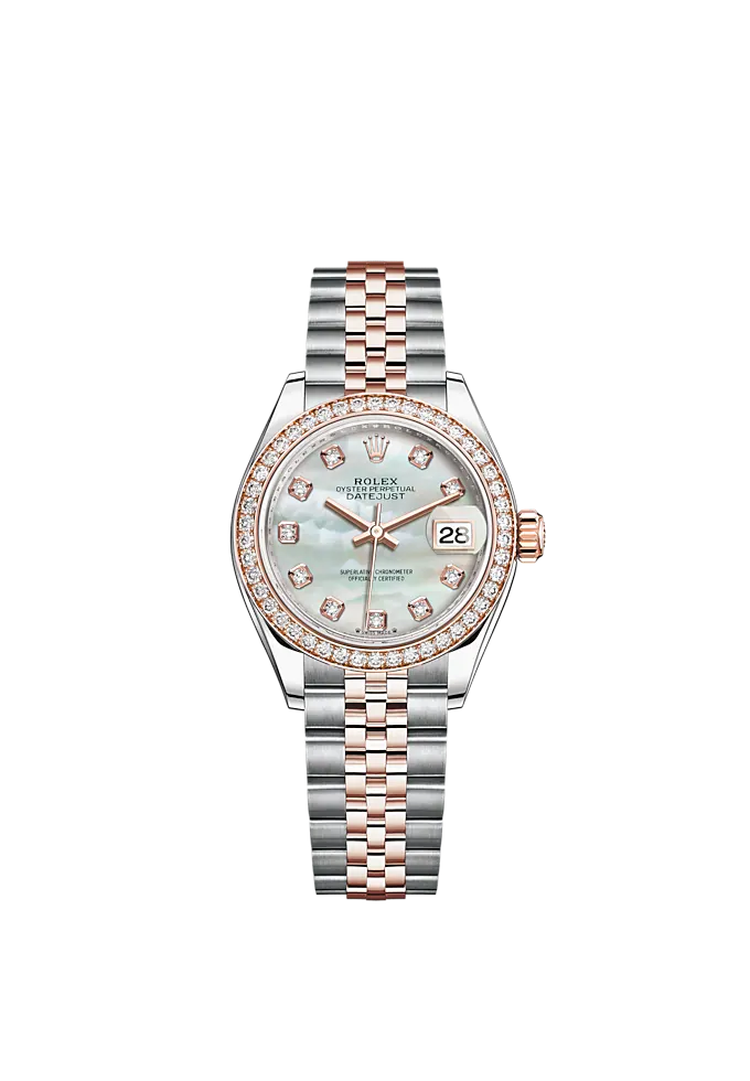 Lady-DateJust 28mm Oystersteel Jubilee Bracelet and Everose Gold with White Mother-of Pearl Dial Diamond-Set Dial and Diamond-Set Bezel
