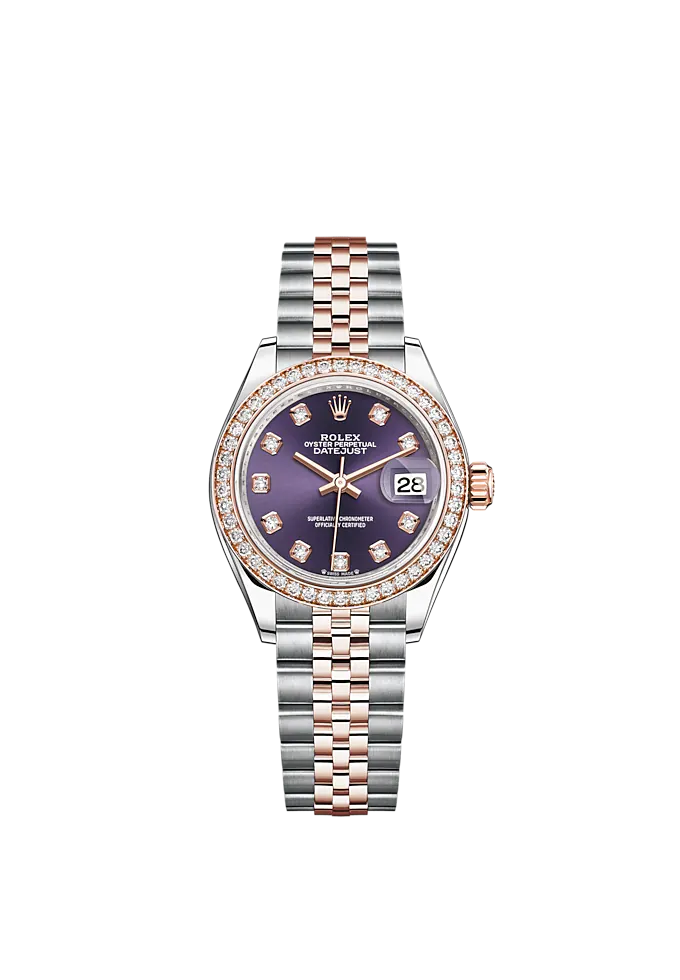 Lady-DateJust 28mm Oystersteel Jubilee Bracelet and Everose Gold with Aubergine Dial Diamond-Set Dial and Diamond-Set Bezel
